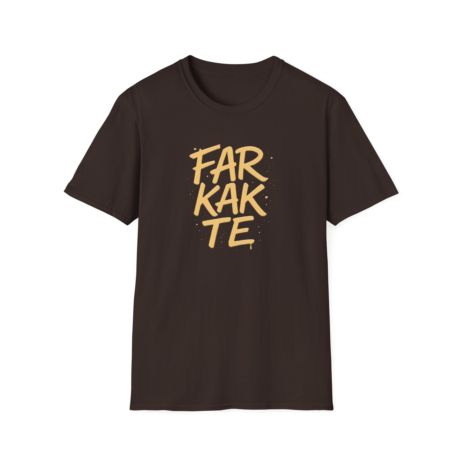 Brown t-shirt with yellow text 'FARKATE' on a white background