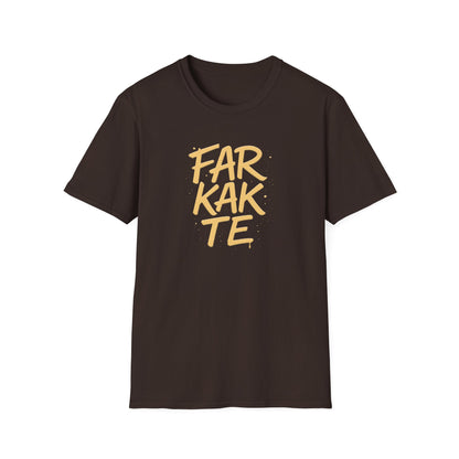 Brown t-shirt with yellow text 'FARKATE' on a white background