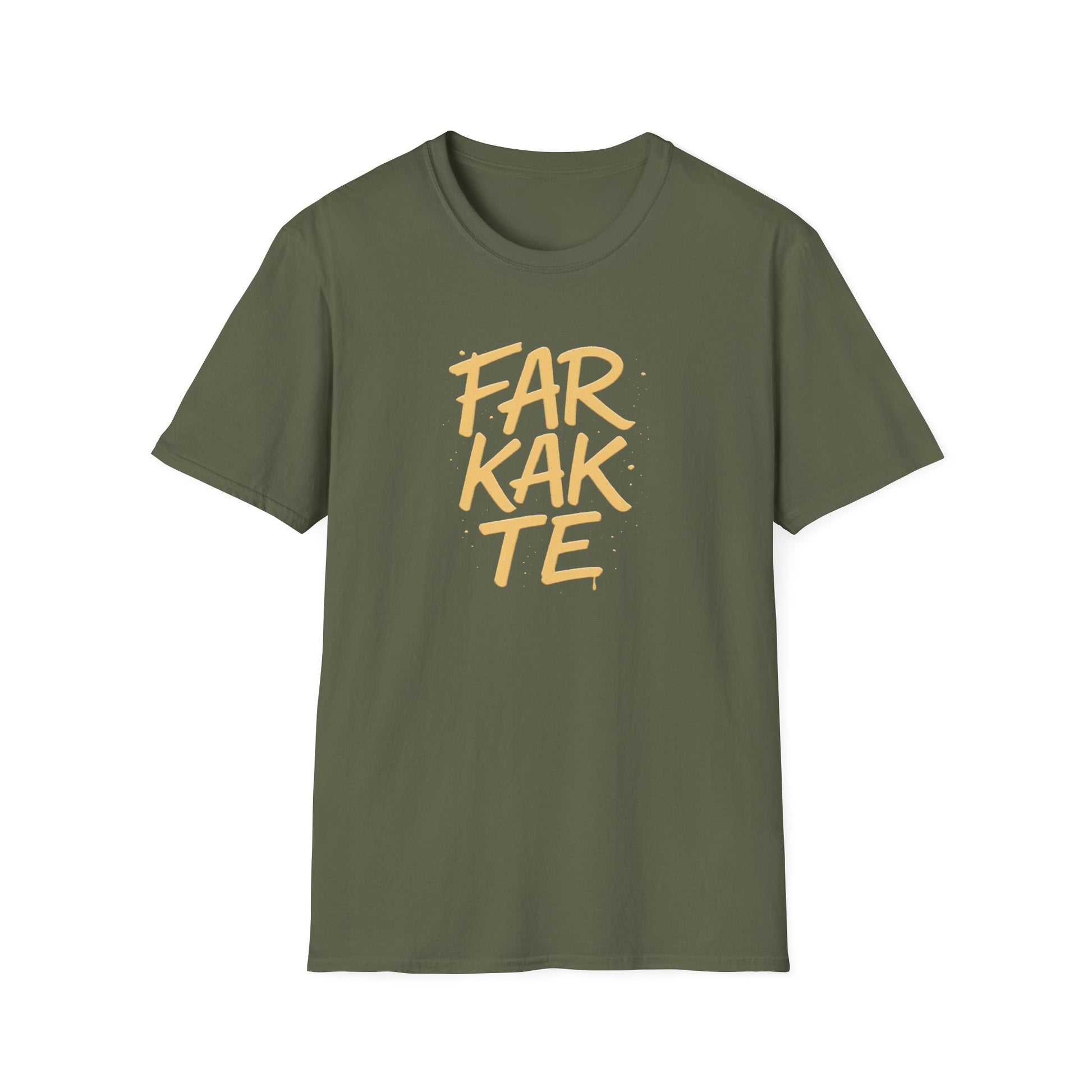 Green t-shirt with yellow text 'FARKATE' on a white background