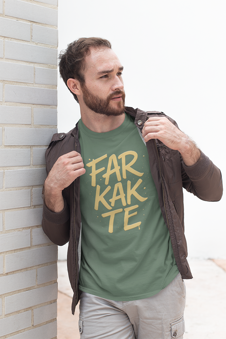 Man wearing a green t-shirt with 'FARKAKTE' text, leaning against a brick wall.