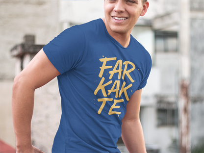Man wearing a blue t-shirt with yellow text 'FARKATE' outdoors.