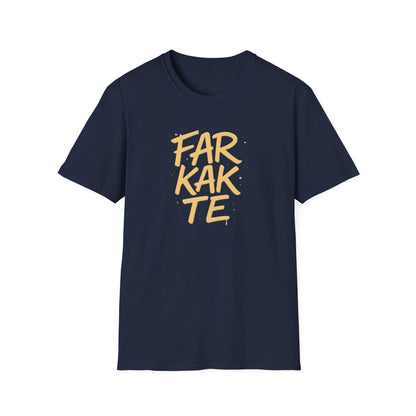 Navy blue t-shirt with yellow text 'FARKAKTE' on a white background