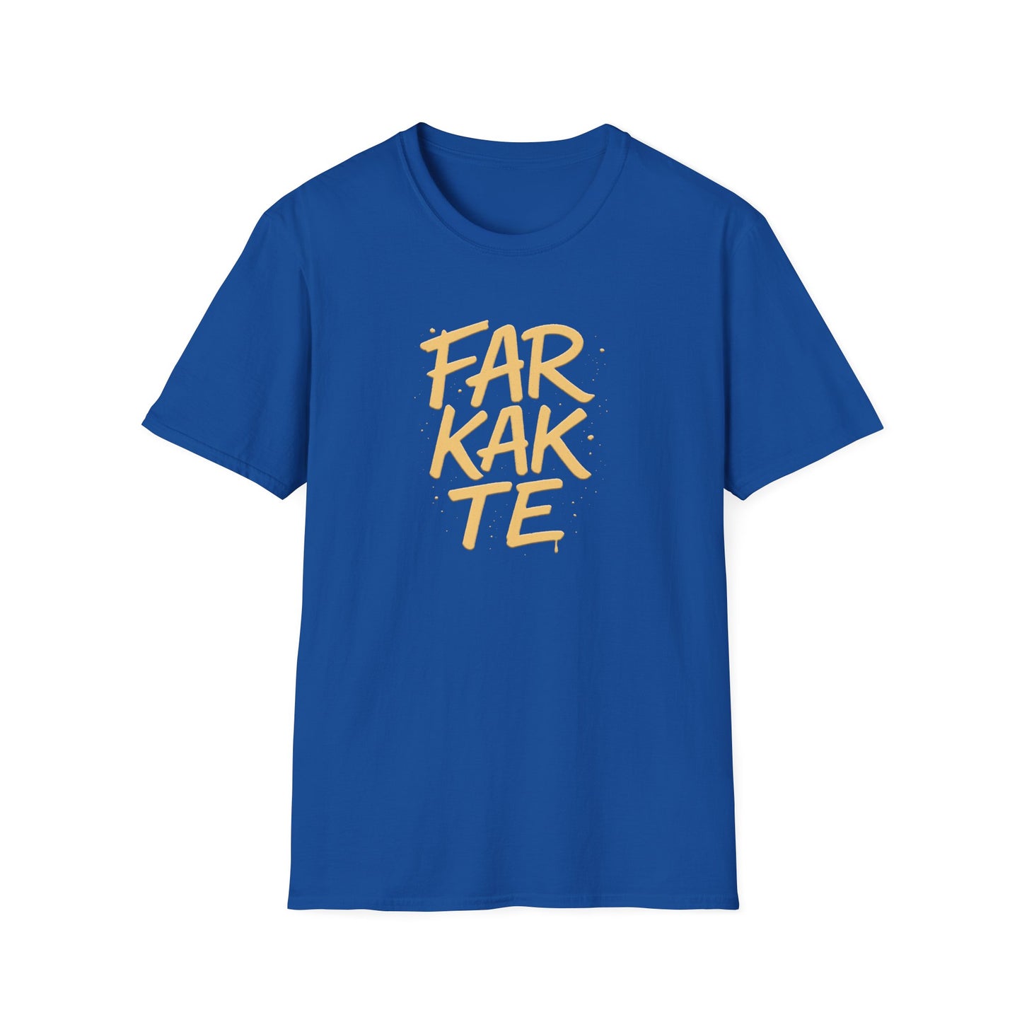 Blue t-shirt with yellow text 'FARKATE' on a white background