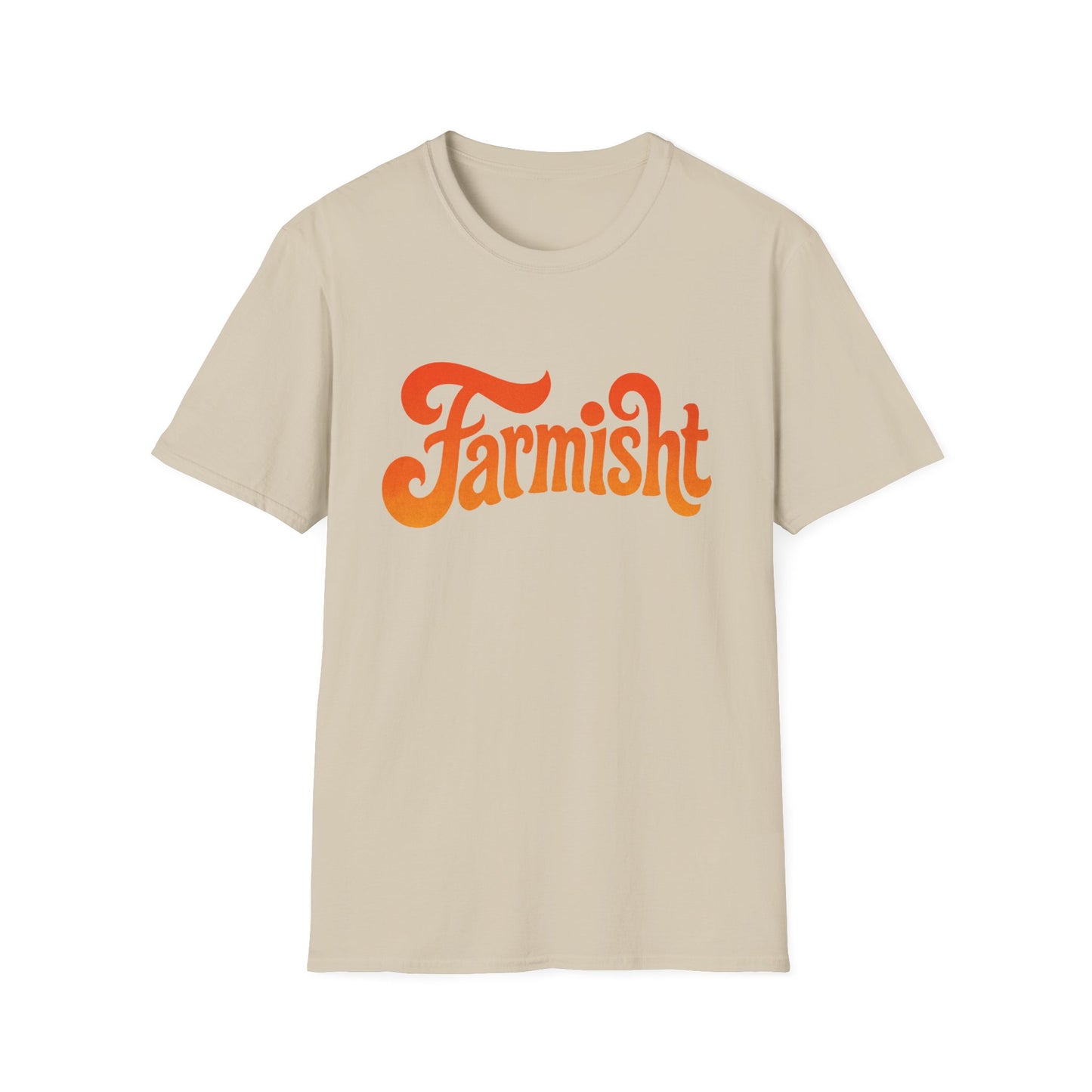 Beige t-shirt with 'Farmisht' text in orange on a white background