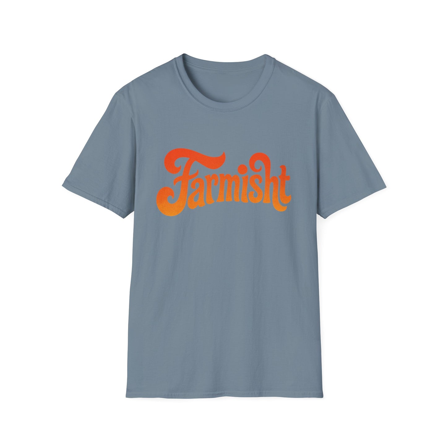 Gray t-shirt with orange 'Farnisht' text on a white background