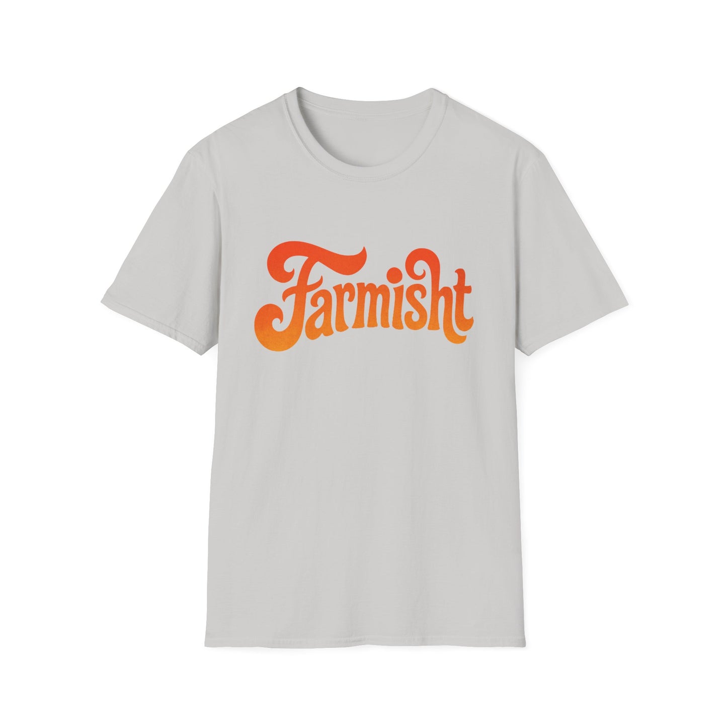 Gray t-shirt with 'Farmisht' text in orange on a white background
