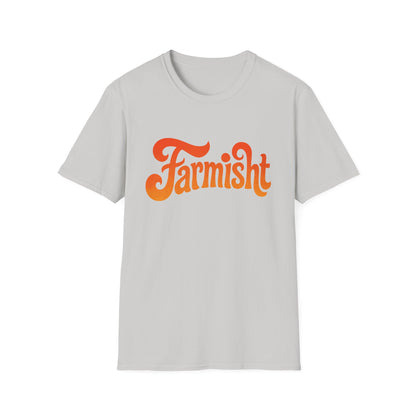 Gray t-shirt with 'Farmisht' text in orange on a white background