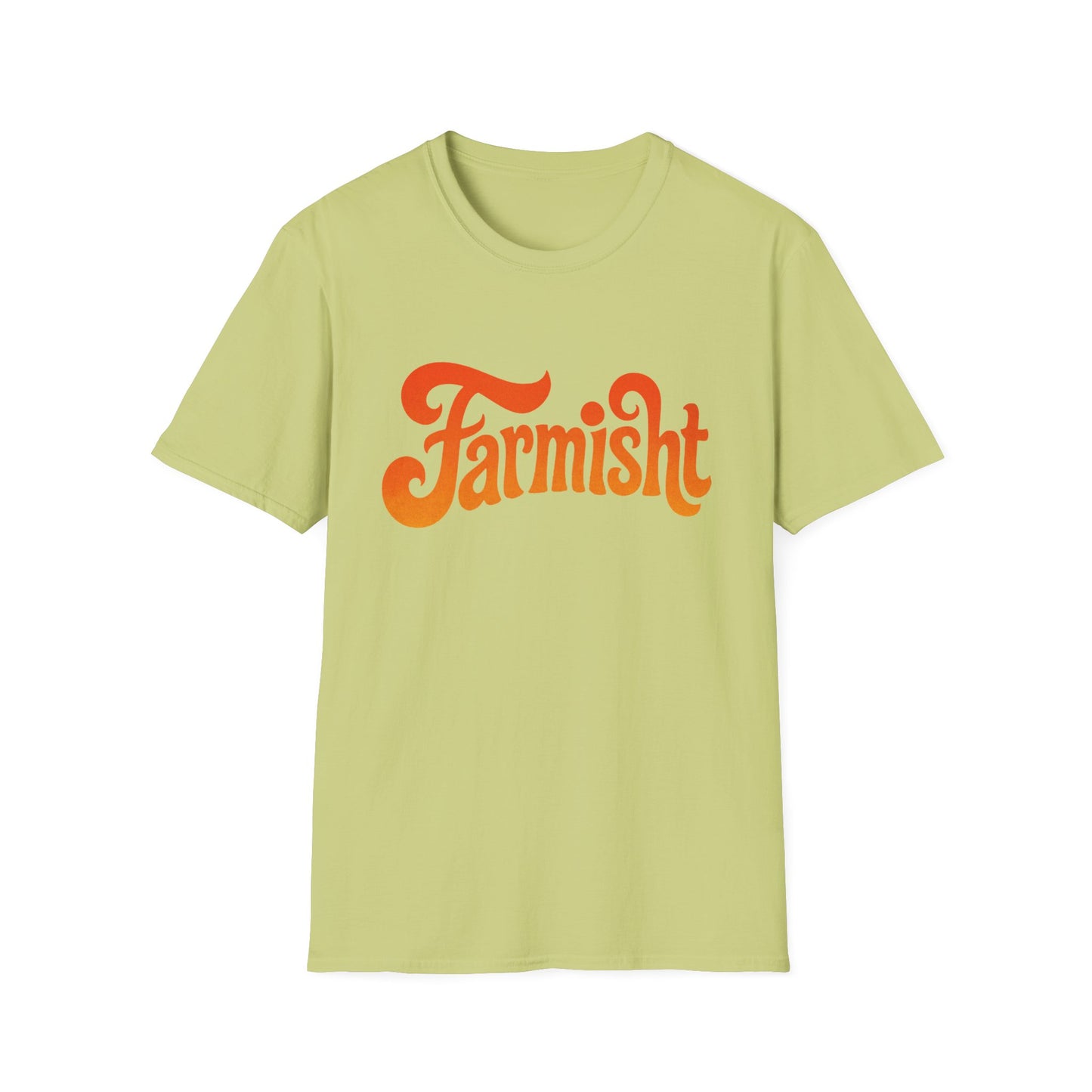 Light green t-shirt with 'Farmisht' text in orange on a white background