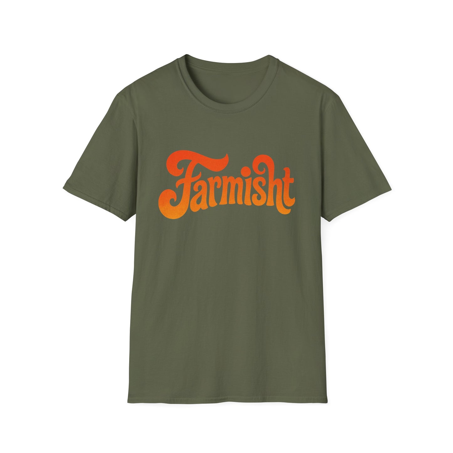 Green t-shirt with 'Farmisht' text in orange on a white background