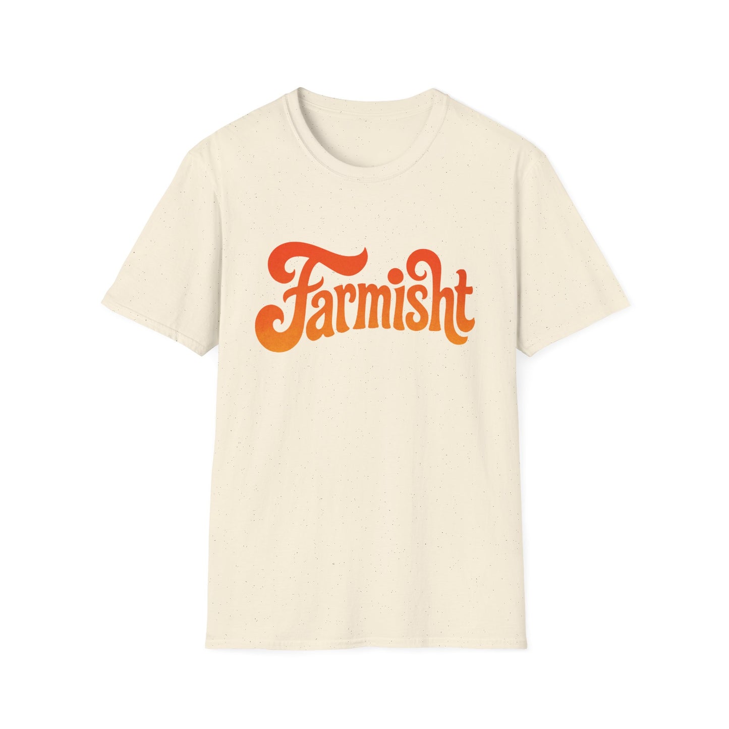 Beige t-shirt with 'Farmisht' text in orange on a white background