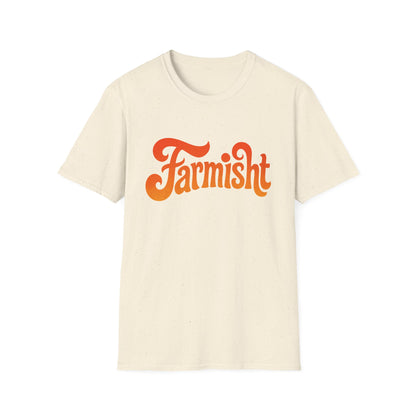 Beige t-shirt with 'Farmisht' text in orange on a white background
