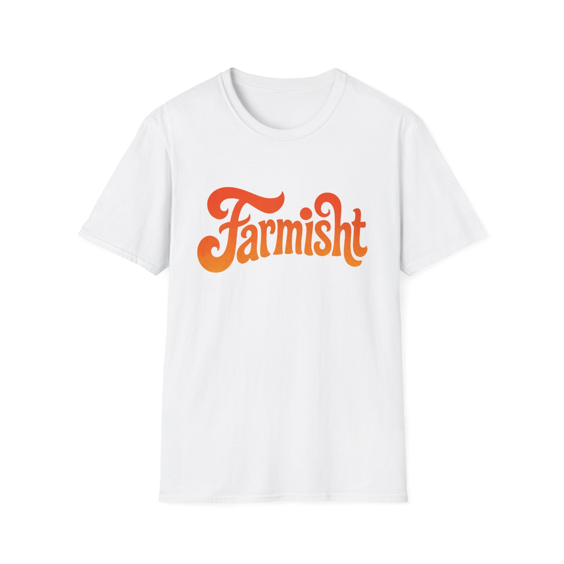 White t-shirt with 'Farmish' text in orange on a white background