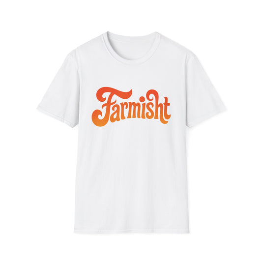 White t-shirt with 'Farmish' text in orange on a white background