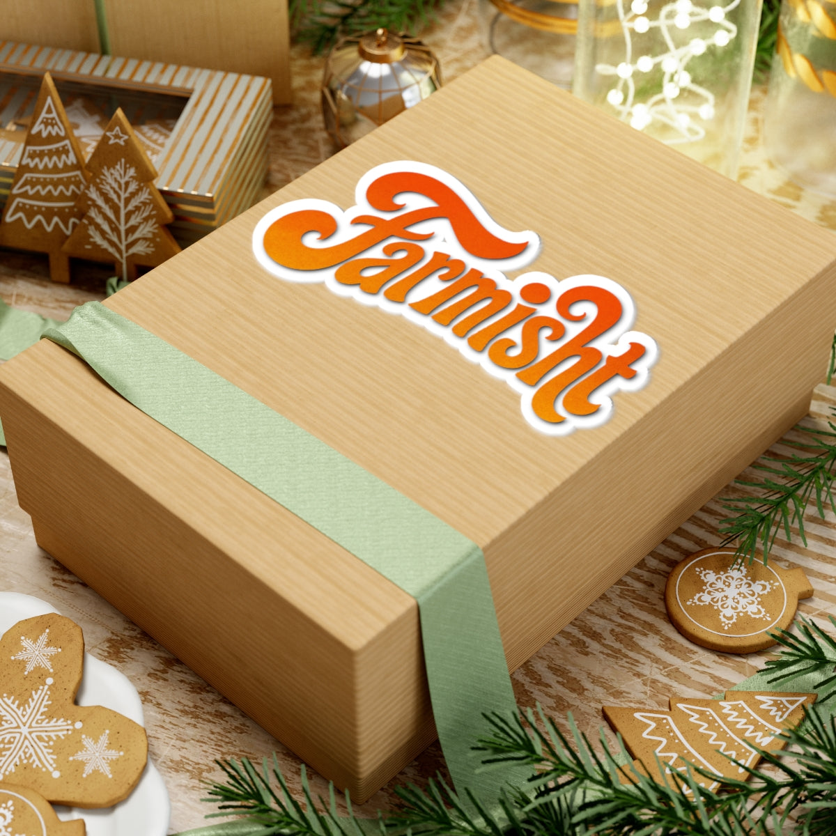 Wooden gift box with 'Farmish' logo on a festive background with cookies and greenery