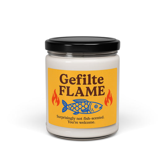 Jar of 'Gefilte Flame' candle with a yellow label on a white background