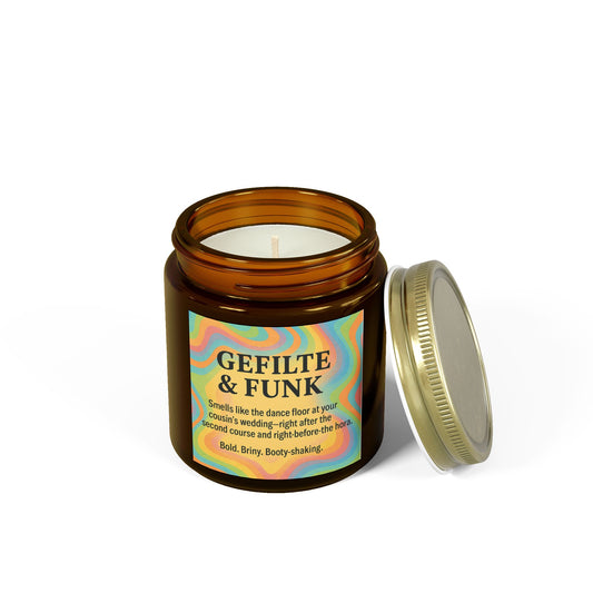 Candle jar with a colorful label on a white background