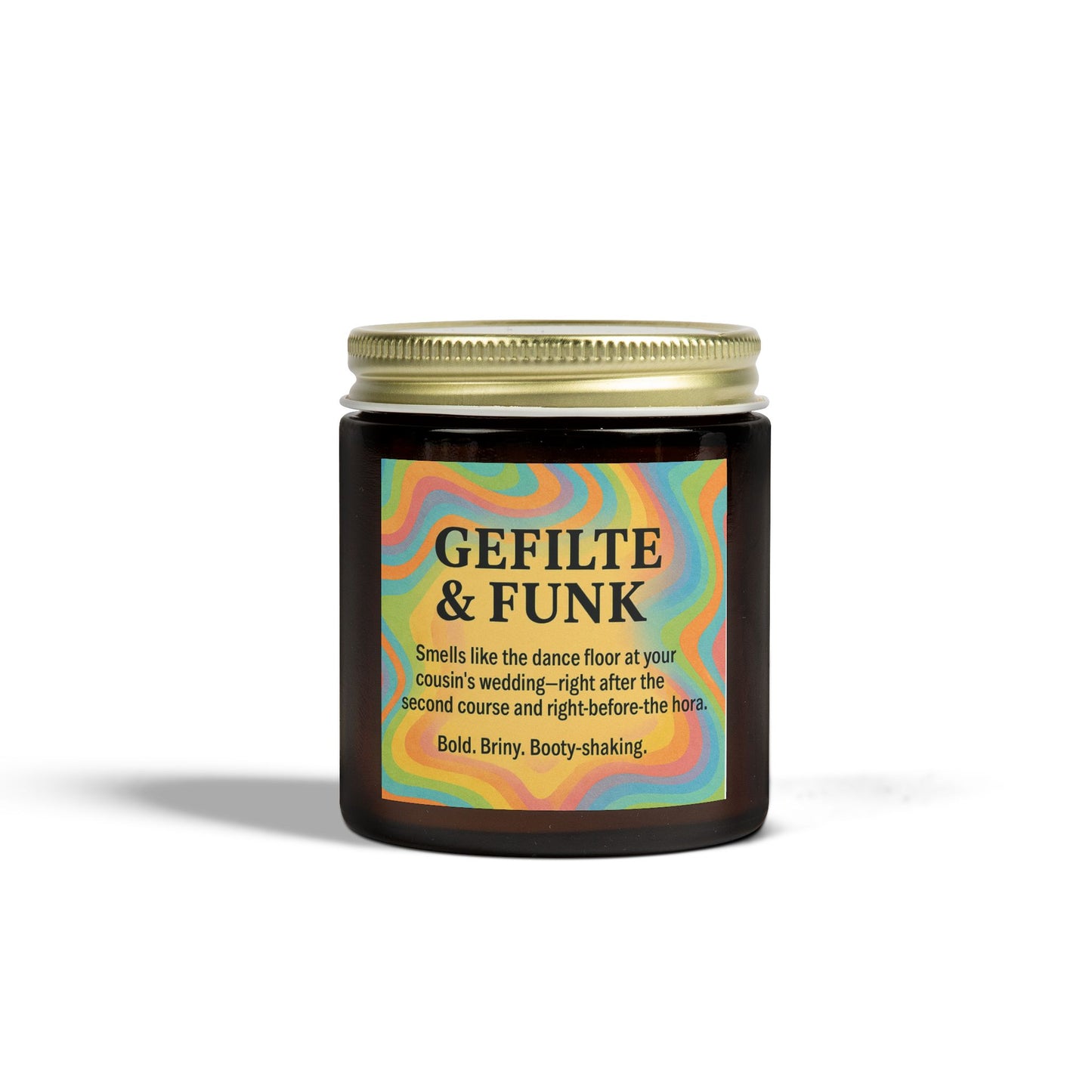 Candle jar with colorful label on a white background