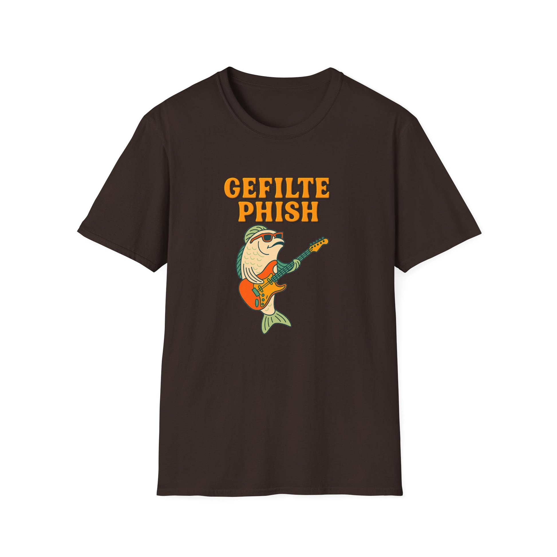 Black t-shirt with 'Gefilte Phish' graphic design on a white background