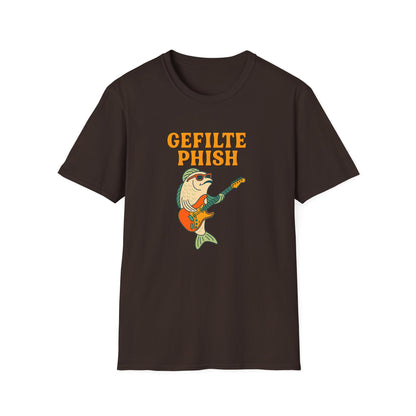 Black t-shirt with 'Gefilte Phish' graphic design on a white background