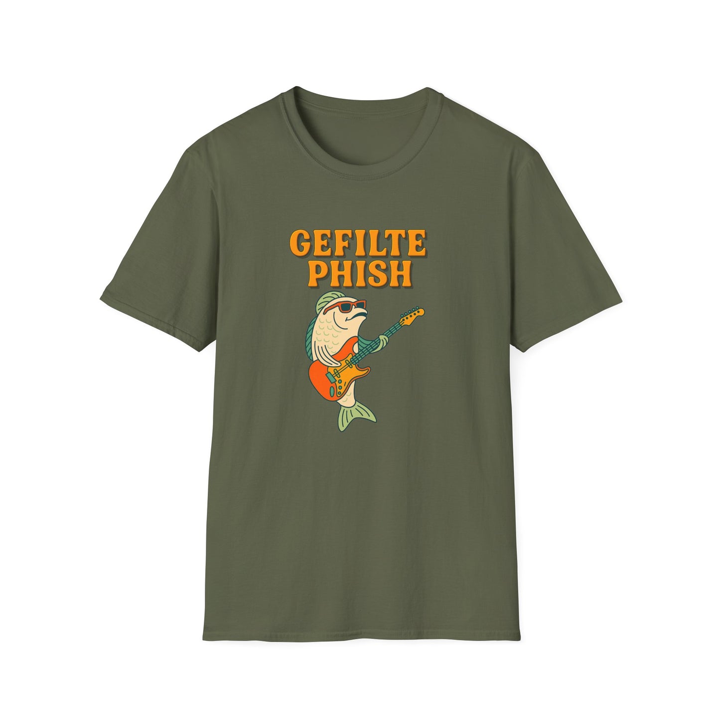 Green t-shirt with 'Gefilte Phish' graphic design on a white background