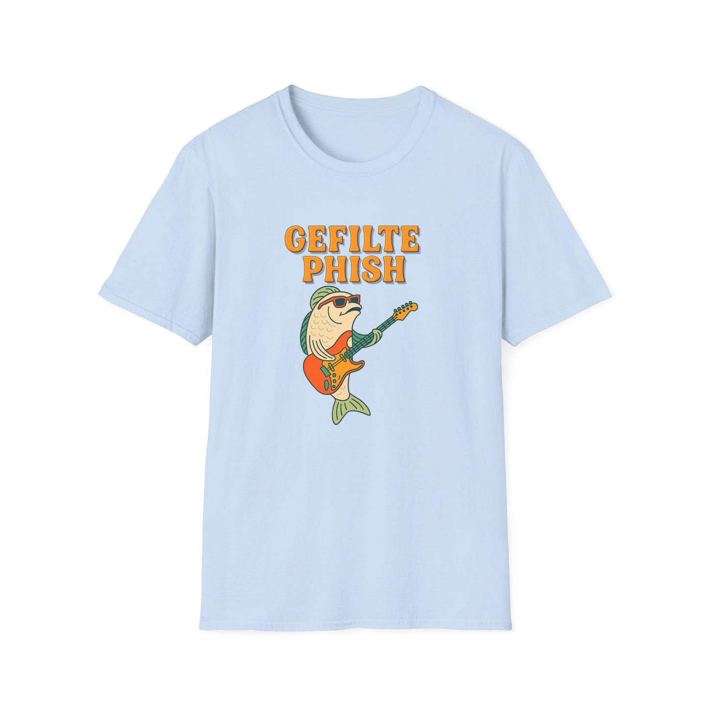 Light blue t-shirt with a graphic of a fish playing a guitar and the text 'Gefilte Phish' on a white background.