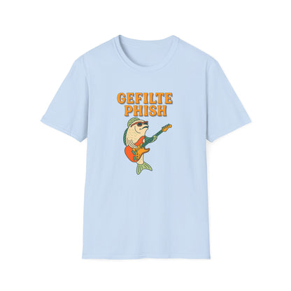 Light blue t-shirt with a graphic of a fish playing a guitar and the text 'Gefilte Phish' on a white background.
