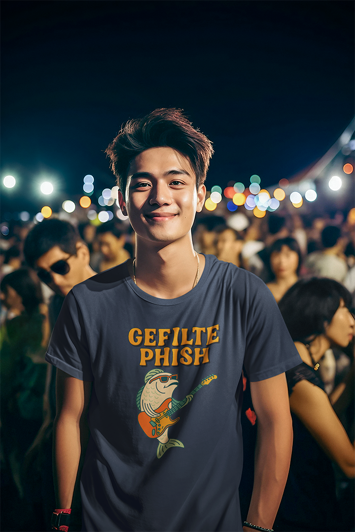 Person wearing a 'Gefilte Phish' t-shirt at a concert with colorful lights in the background