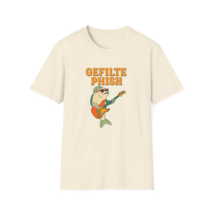 Beige t-shirt with a graphic of a fish playing a guitar and the text 'Gefilte Phish' on a white background.