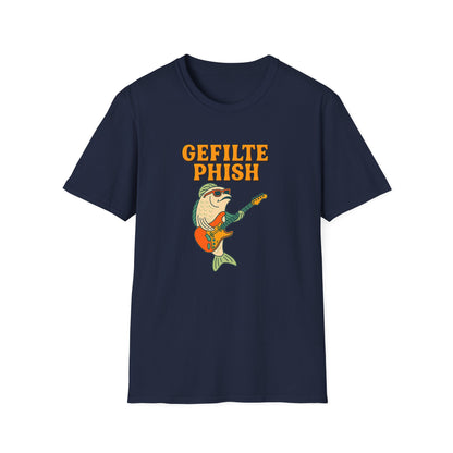 Navy blue t-shirt with 'Gefilte Phish' graphic design on a white background