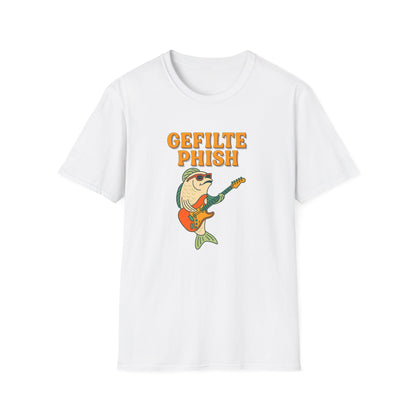 White t-shirt with a graphic of a fish playing a guitar and text 'Gefilte Phish' on a white background