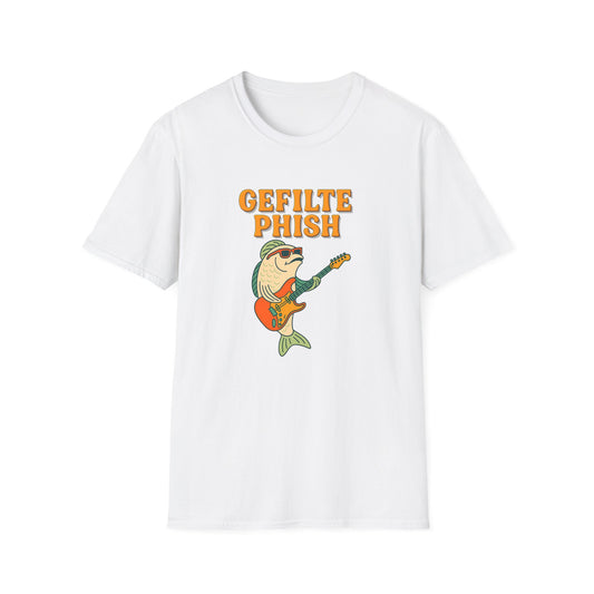 White t-shirt with a graphic of a fish playing a guitar and text 'Gefilte Phish' on a white background