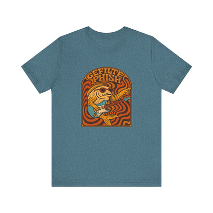 Blue t-shirt 'gefilte phish' with a graphic design on the back featuring text and a fish illustration.