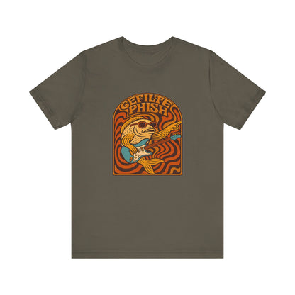 Brown t-shirt with a graphic design on a white background