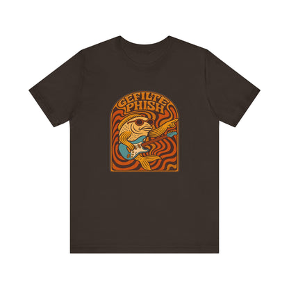 Brown t-shirt with a colorful graphic design on a white background