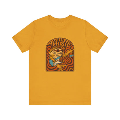 Yellow t-shirt with a graphic design and text on a white background