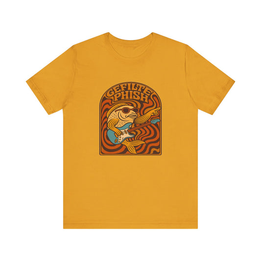Yellow t-shirt with a graphic design and text on a white background