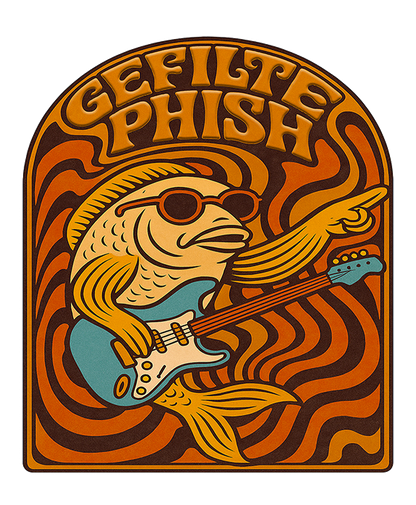 Illustration of a fish playing a guitar with 'Gefilte Phish' text on a wavy background