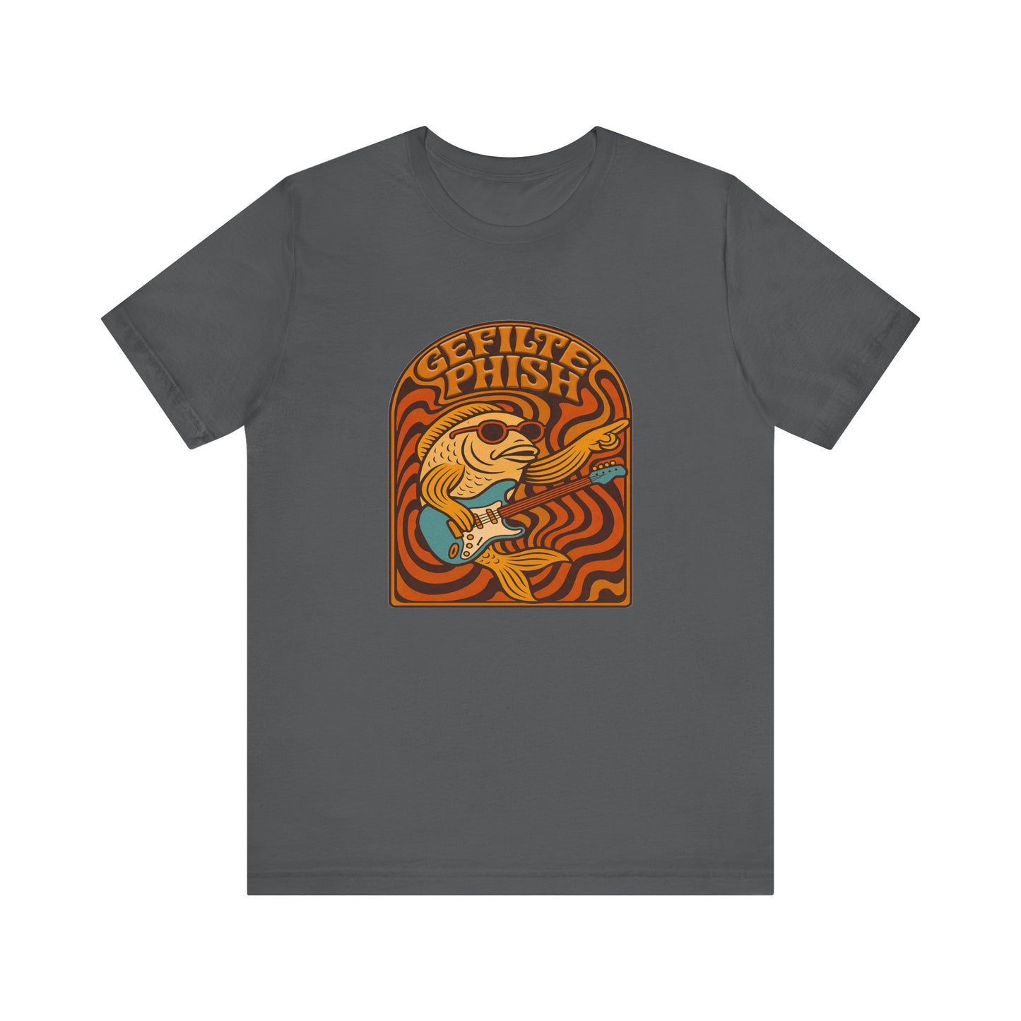 Gray t-shirt with a colorful 'gefilte phish' graphic design on a white background