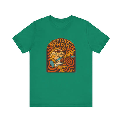Green t-shirt with a 'gefilte phish' graphic design on a white background