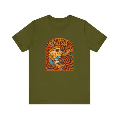 Green t-shirt with a 'gefilte phish' graphic design featuring a fish and text on a white background