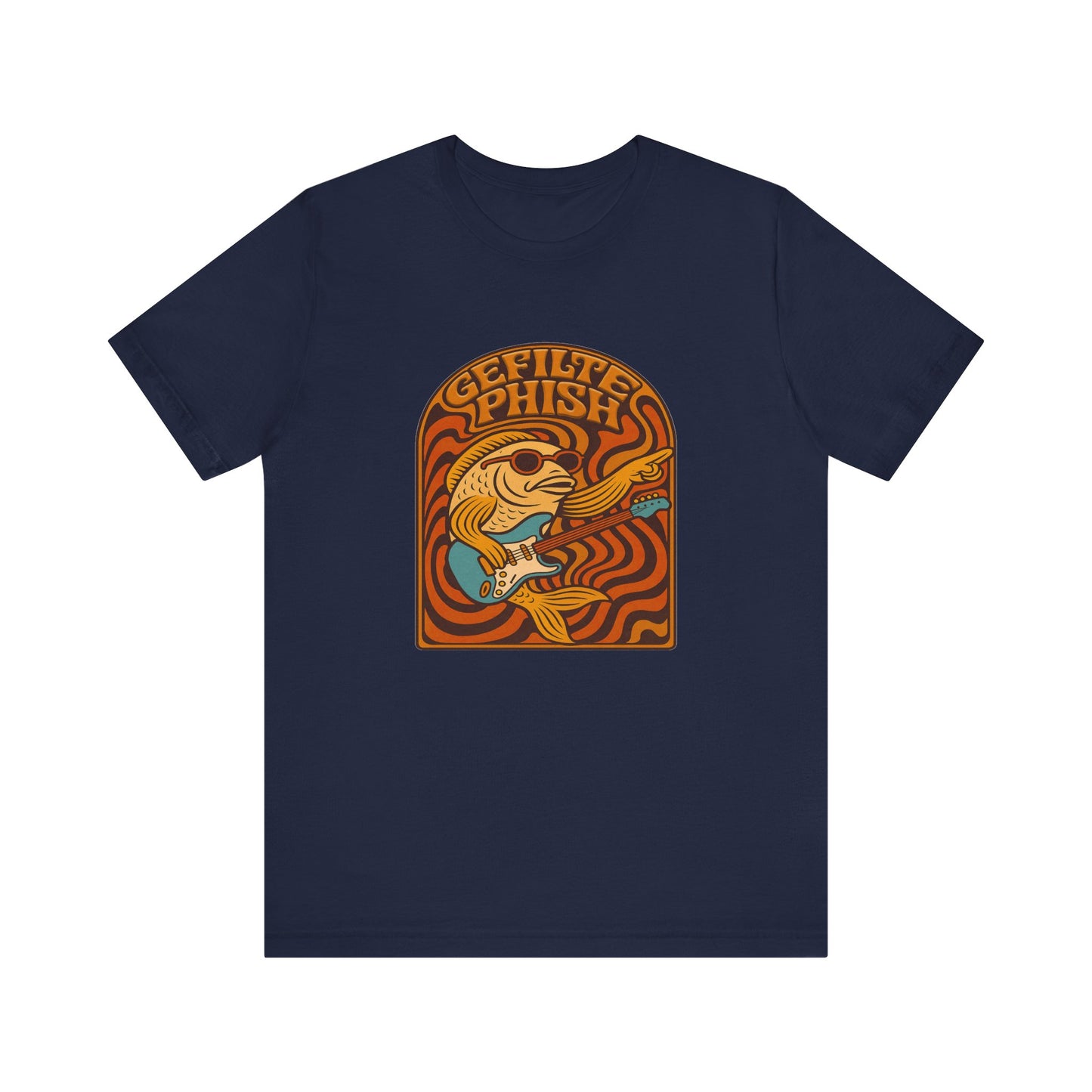 Navy blue t-shirt with a colorful 'gefilte phish' graphic design on a white background
