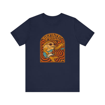 Navy blue t-shirt with a colorful 'gefilte phish' graphic design on a white background