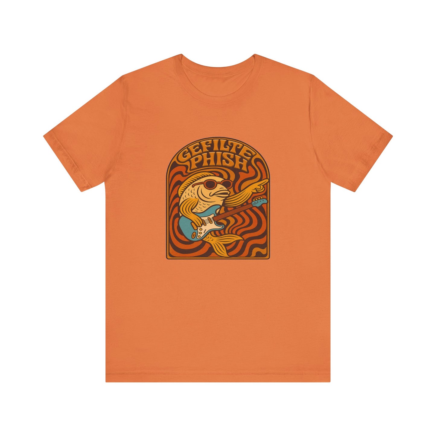 Orange t-shirt with a graphic design of a fish and text on a white background