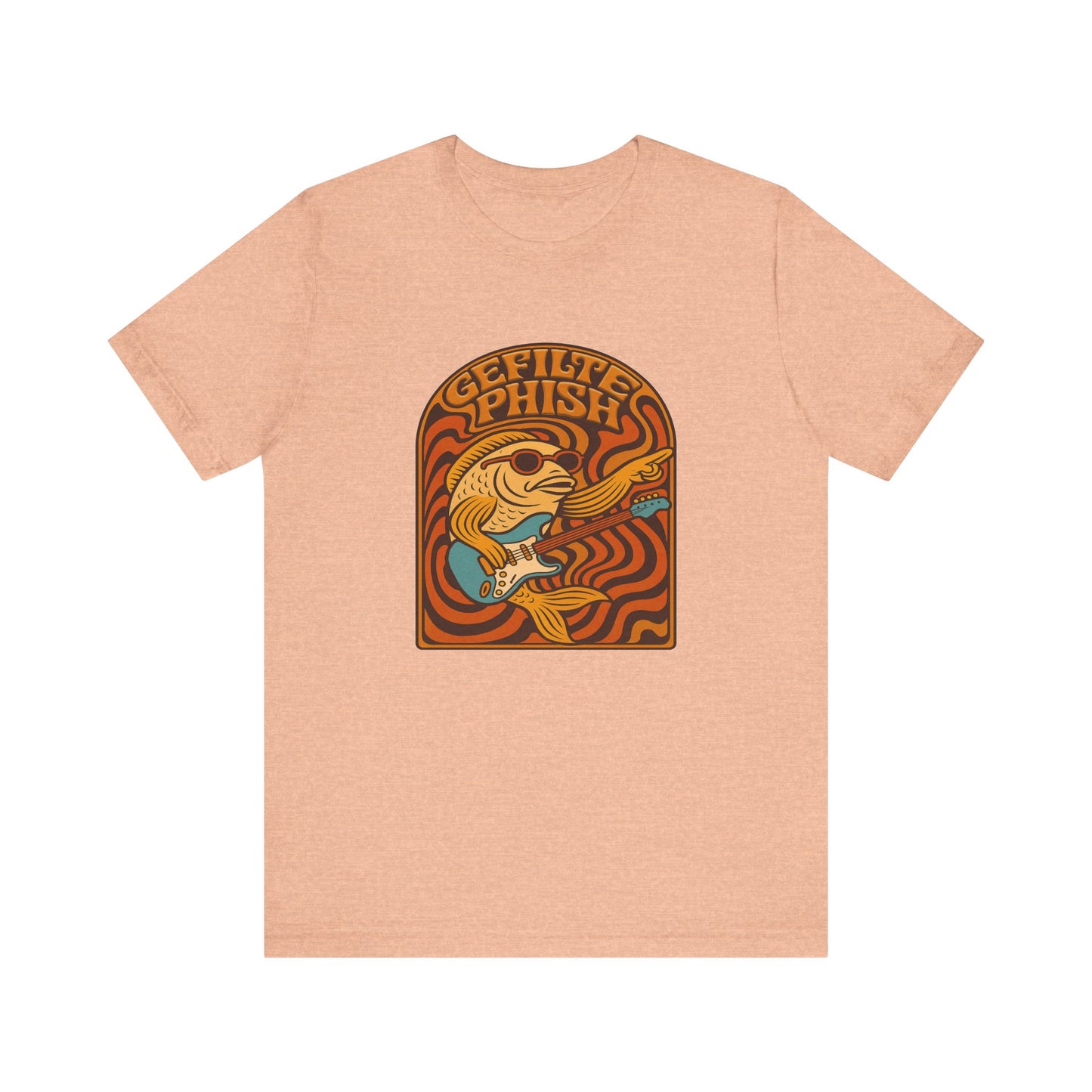 Beige t-shirt with a graphic design on the back featuring text and abstract shapes.