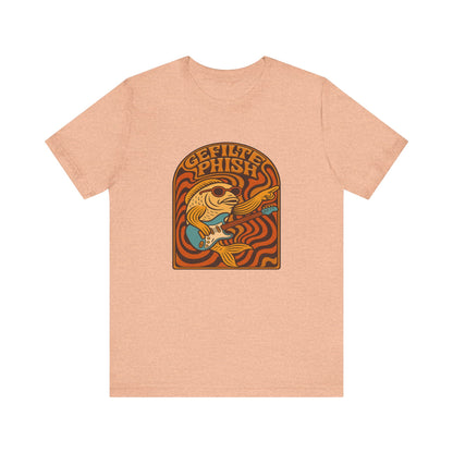 Beige t-shirt with a graphic design on the back featuring text and abstract shapes.