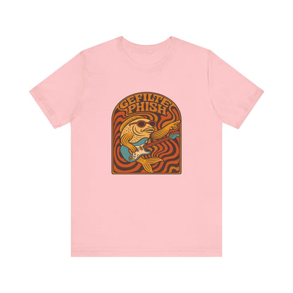 Pink t-shirt with a 'gefilte phish' graphic design on a white background