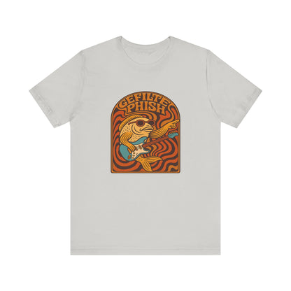 White t-shirt with a colorful graphic design on a white background