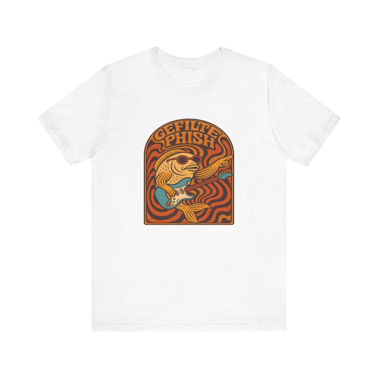White t-shirt with a colorful graphic design on a white background
