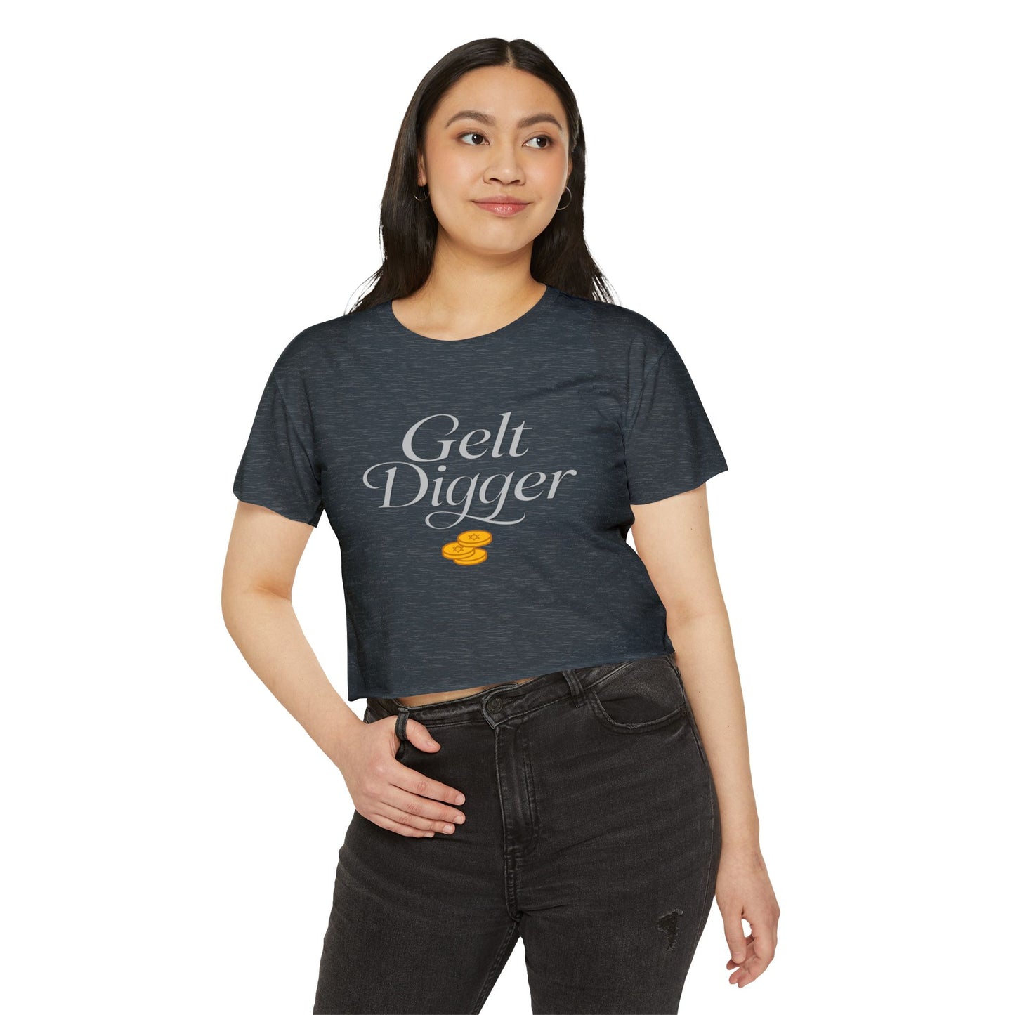 Woman wearing a dark gray t-shirt with 'Gelt Digger' text and an orange dollar sign on a white background