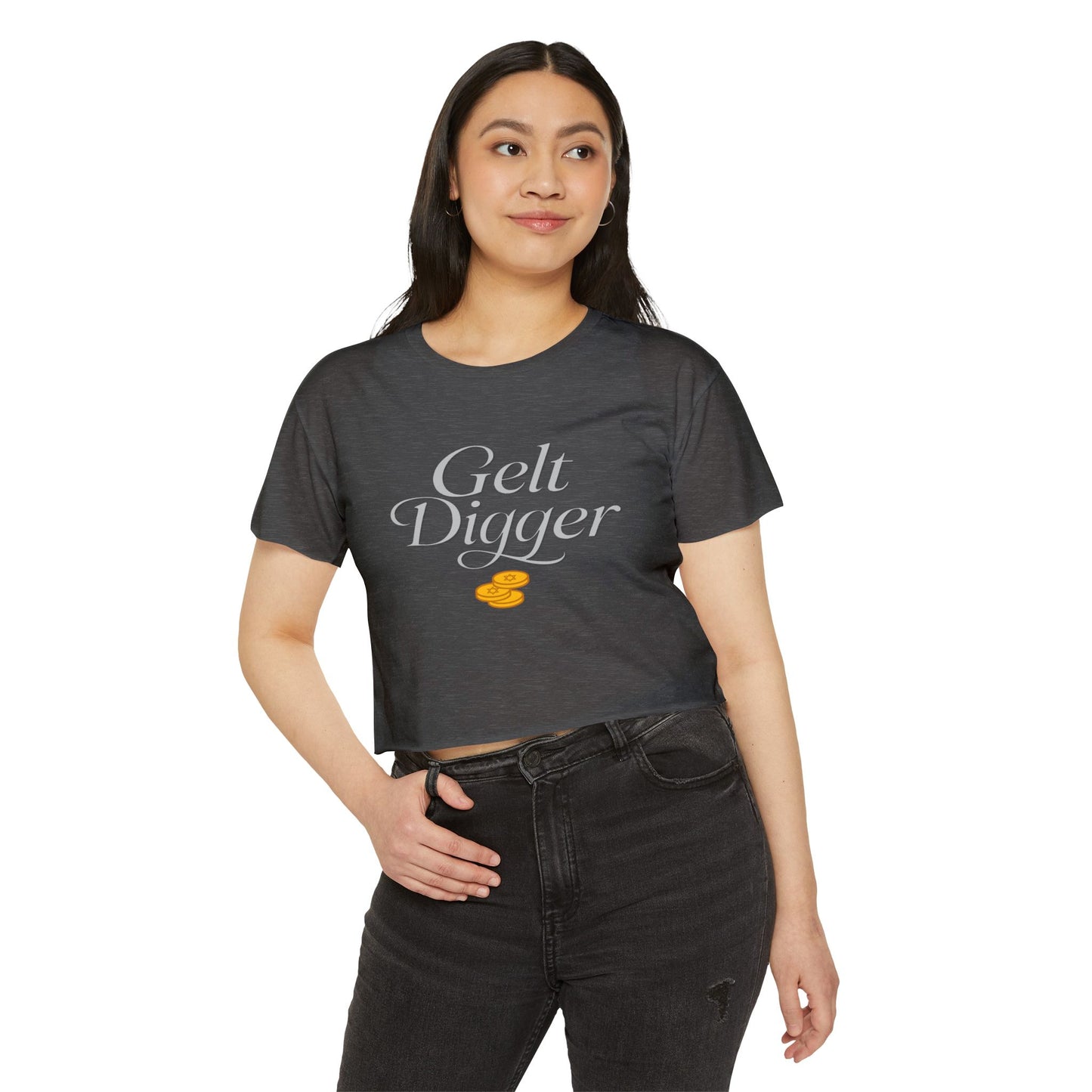 Woman wearing a dark gray t-shirt with 'Gelt Digger' text and an orange dollar sign on a white background
